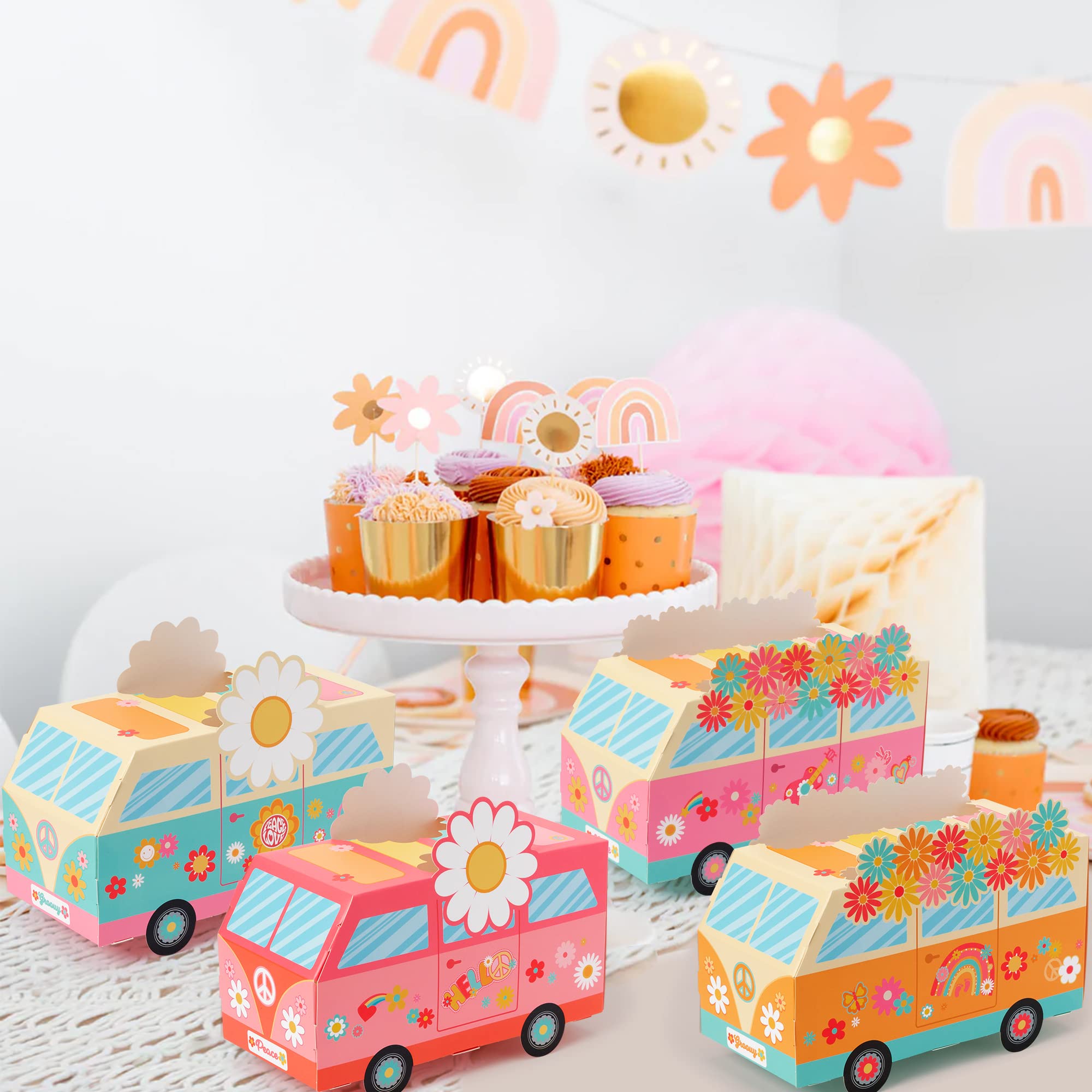 ANGOLIO 12Pcs Groovy Party Favor Boxes Groovy Hippie Peace Bus Centerpiece Birthday Party Decorations Peace Signs Daisies Rainbows for Baby Girls Kids Boho Hippie Birthday Decoration Supplies - Image 6