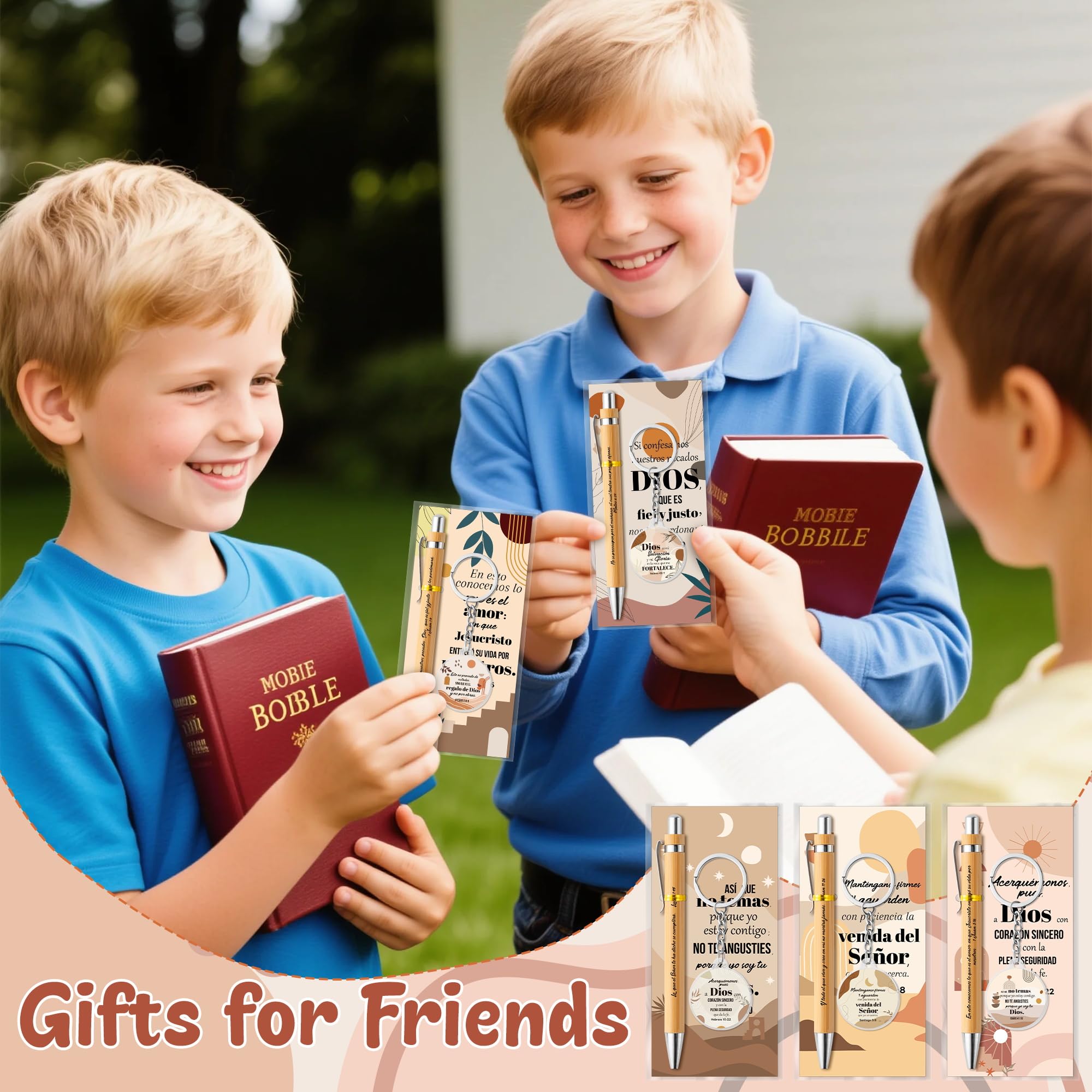 ANGOLIO 460Pcs Spanish Christian Boho Religious Gifts Easter Spring Gift Bulk Regalos Cristianos En Español Bible Verse Bamboo Pen Keychain Bookmark Religious Gift for Women Men Office Church Favor - Image 5