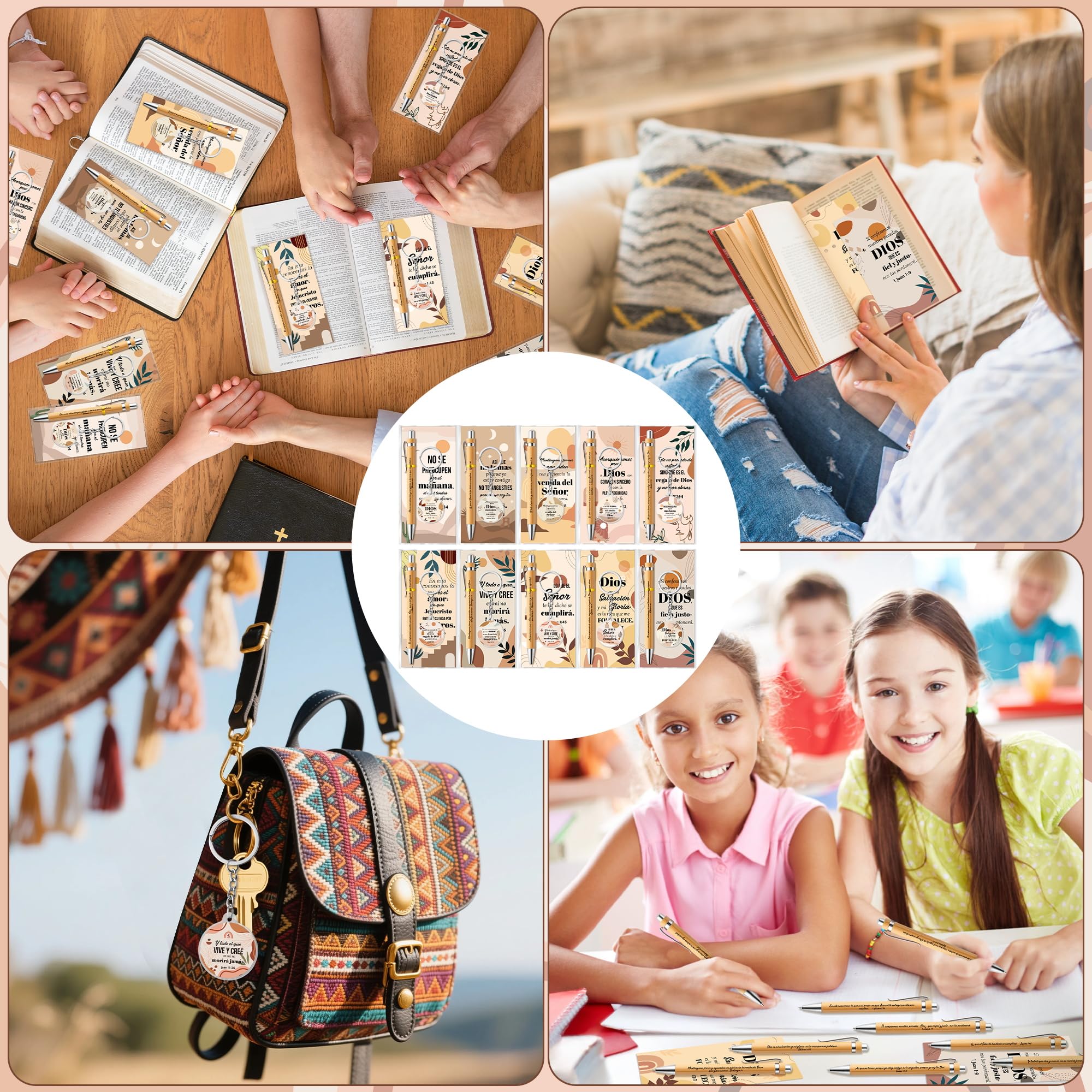 ANGOLIO 460Pcs Spanish Christian Boho Religious Gifts Easter Spring Gift Bulk Regalos Cristianos En Español Bible Verse Bamboo Pen Keychain Bookmark Religious Gift for Women Men Office Church Favor - Image 6