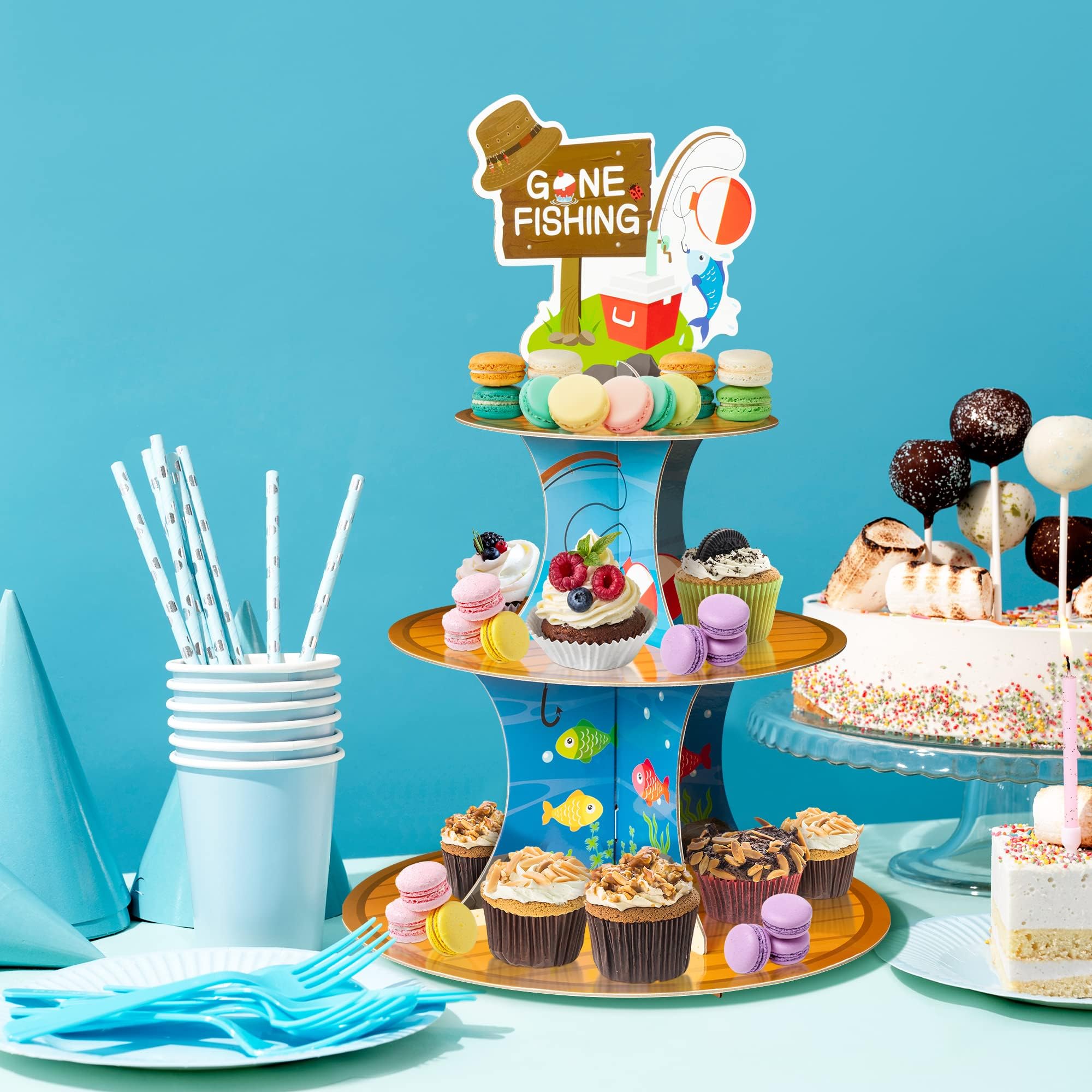 ANGOLIO 3 Tiers Go Fishing Cupcake Stand Fishing Birthday Party Cardboard Cupcake Holder Decorations Under The Sea Dessert Tower Party Supplies for Kids Boys Blue Themed Baby Shower Birthday Supplies - Image 5