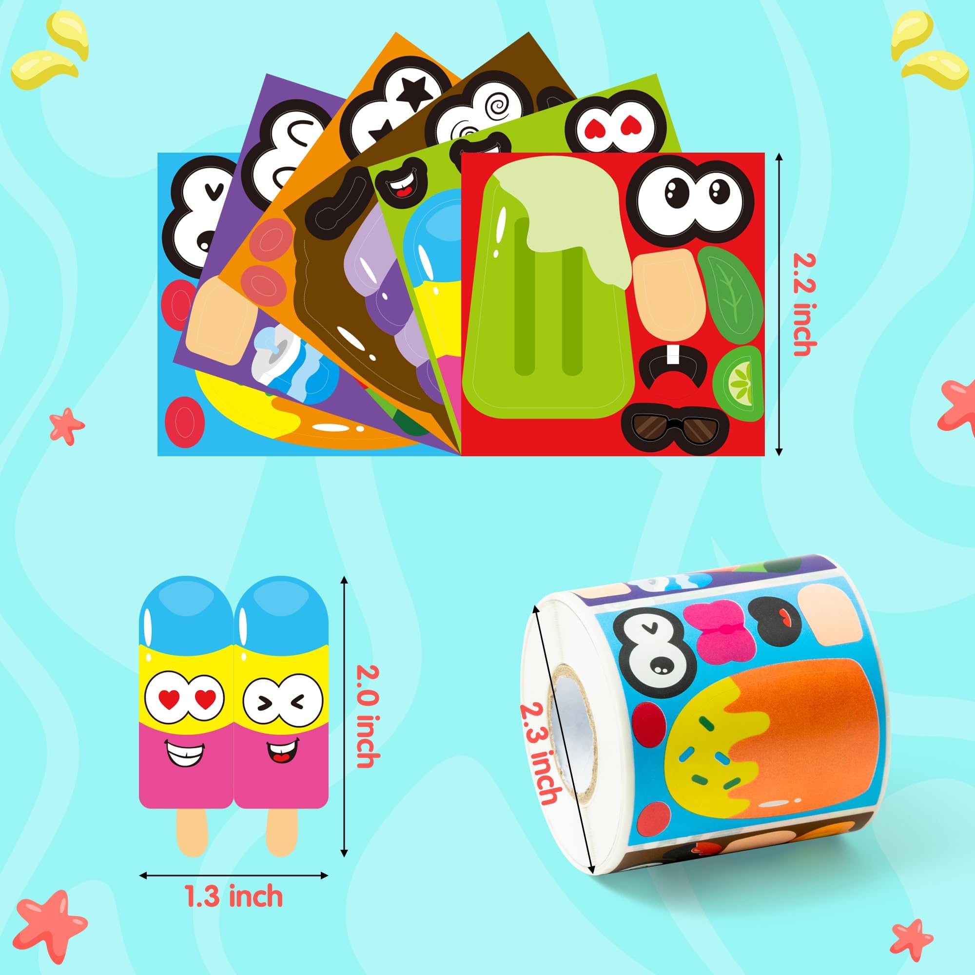 ANGOLIO 300PCS Summer Back to School Ice Cream Making Face Sticker Scene Roll Watermelon Chocolate Dessert Decals DIY Summer Sticker for Holiday Party Favors Classroom Rewards Activities Supplies - Image 3