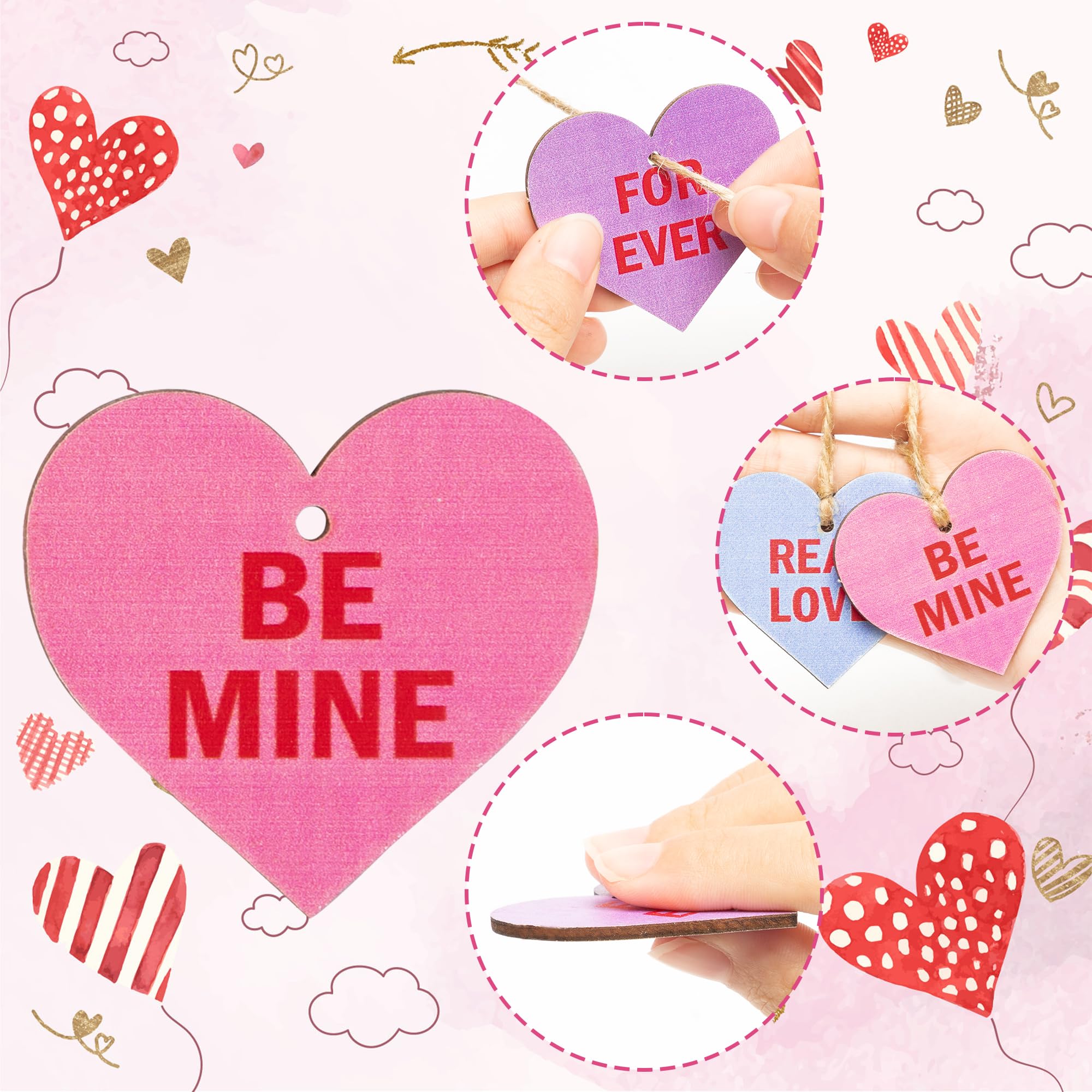 ANGOLIO 37Pcs Valentine's Day Wooden Candy Heart Hanging Ornaments Conversation Heart Hanging Decorations Colorful Love Heart Ornaments for Valentine's Day Wedding Holiday Party Supplies Decor - Image 3