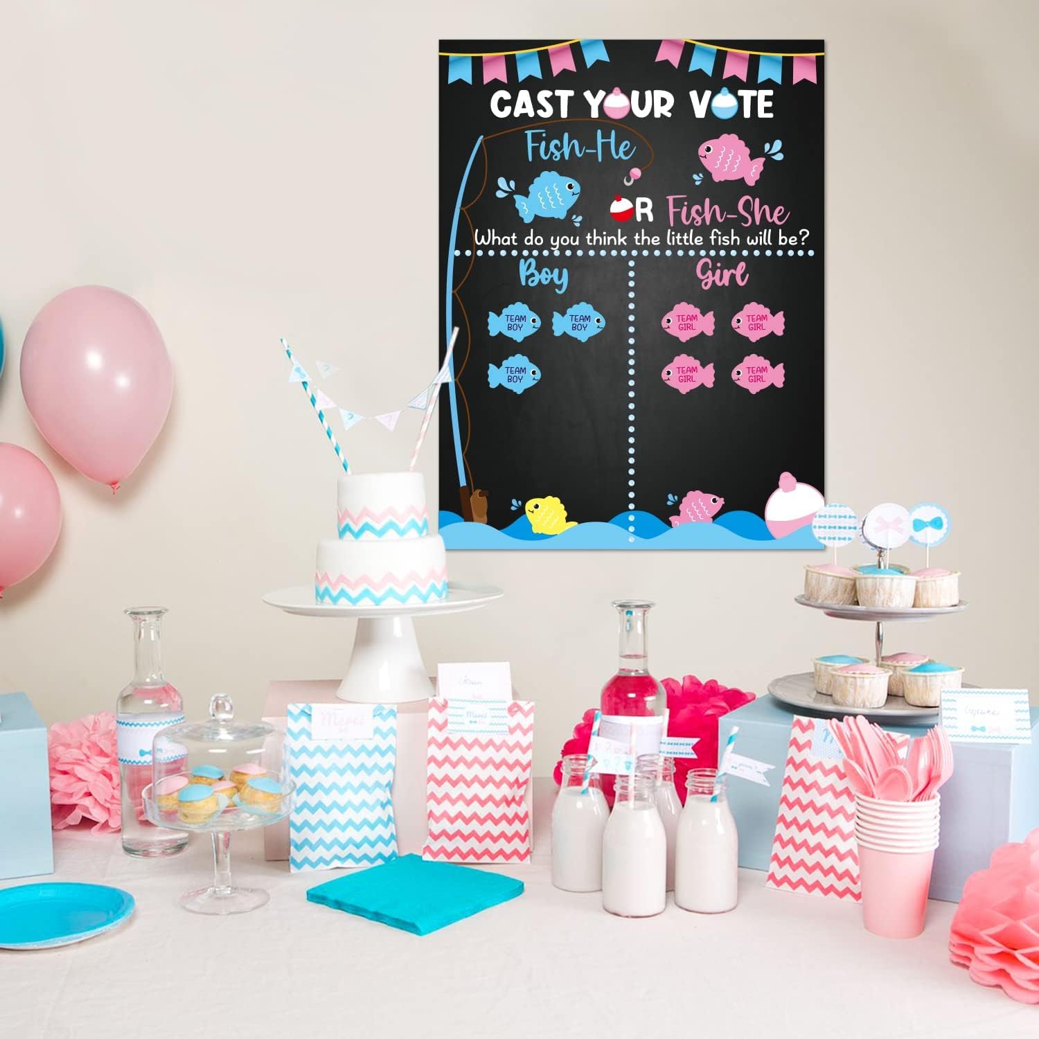 ANGOLIO Summer Fishing Theme Gender Prediction Game Kit - Baby Shower Gender Reveal Voting Poster with Adhesive Fish Cutouts Decor Supplies for Babys Guests Kids Adults Cast Your Vote Catch Surprise - Image 4