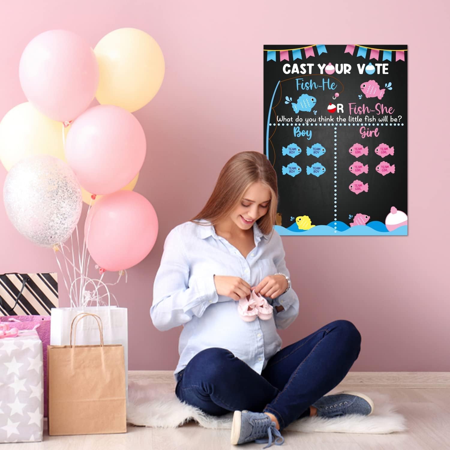 ANGOLIO Summer Fishing Theme Gender Prediction Game Kit - Baby Shower Gender Reveal Voting Poster with Adhesive Fish Cutouts Decor Supplies for Babys Guests Kids Adults Cast Your Vote Catch Surprise - Image 6