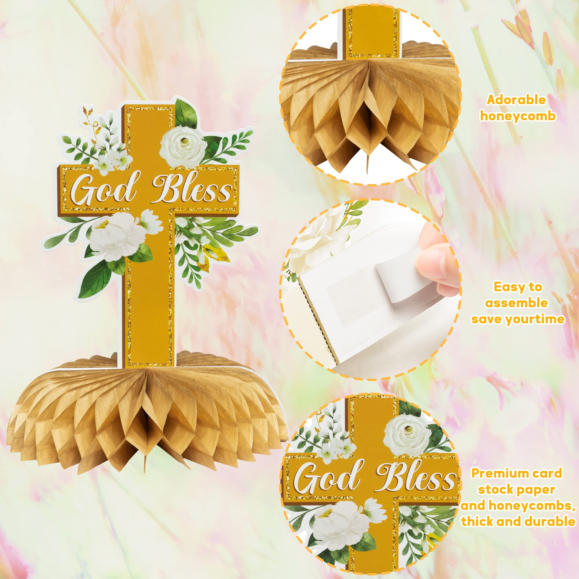 ANGOLIO White Gold Floral Honeycomb Centerpieces - 12Pcs Rose Greenery God Baptism Honeycomb Centerpieces Baby Shower Decor for Boy Girl Party Decor 3D Table Toppers God Bless First Communion Birthday - Image 3