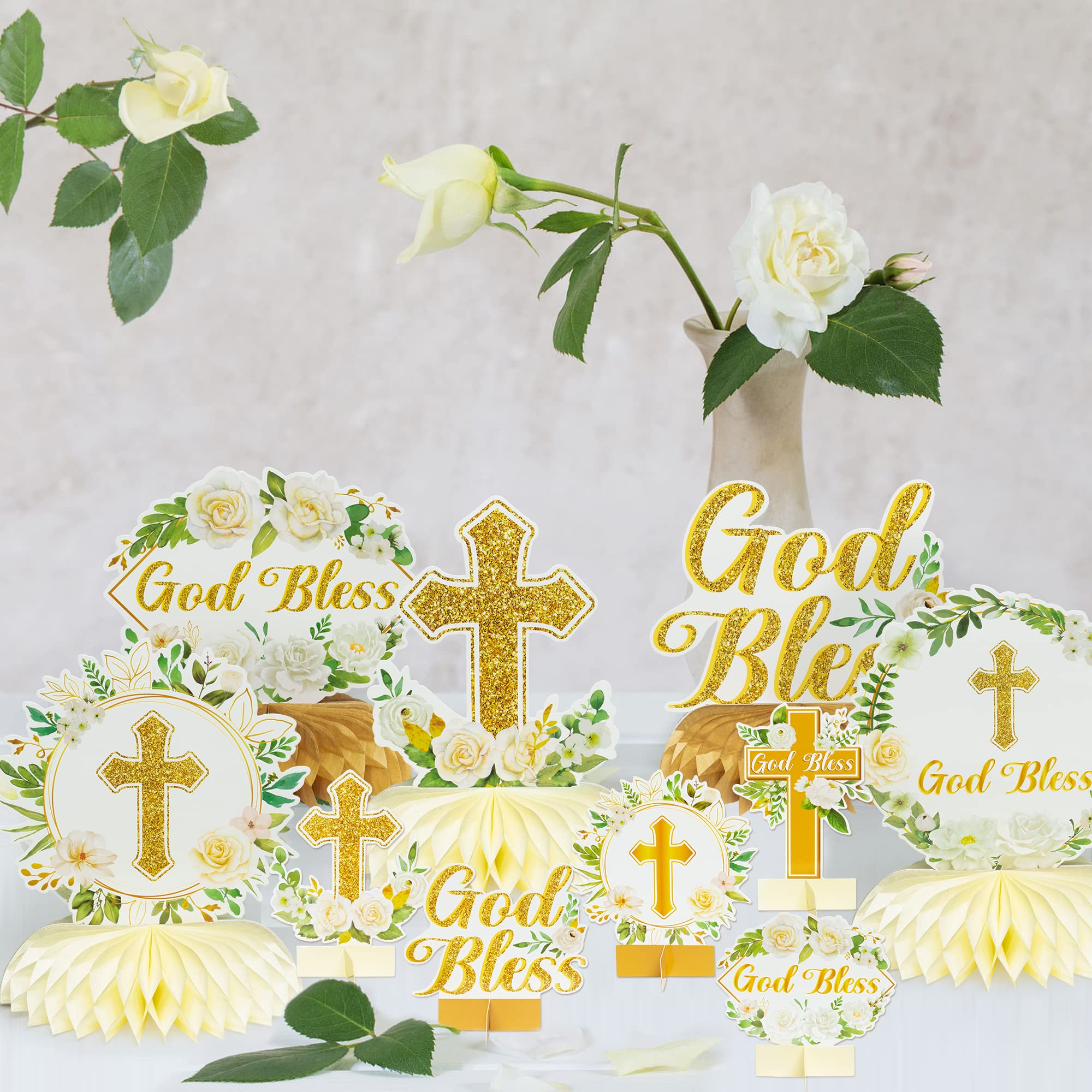 ANGOLIO White Gold Floral Honeycomb Centerpieces - 12Pcs Rose Greenery God Baptism Honeycomb Centerpieces Baby Shower Decor for Boy Girl Party Decor 3D Table Toppers God Bless First Communion Birthday - Image 6